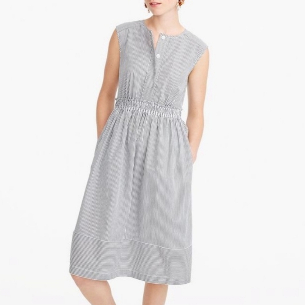 J. Crew Gray & White Striped Poplin Cotton Sleeveless Shirt Dress With‎ Pockets